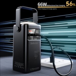 Power bank 20000mAh, PD 66W Super Fast Charging Power Bank USB C Fast Charging with 2 Integrated Cables, 2 Port (1 USB-A & 1 Type-C), LED Display, Flashlight, External Mobile Phone Batteries for Smartphones Tablets, Outdoor Camping Equipment